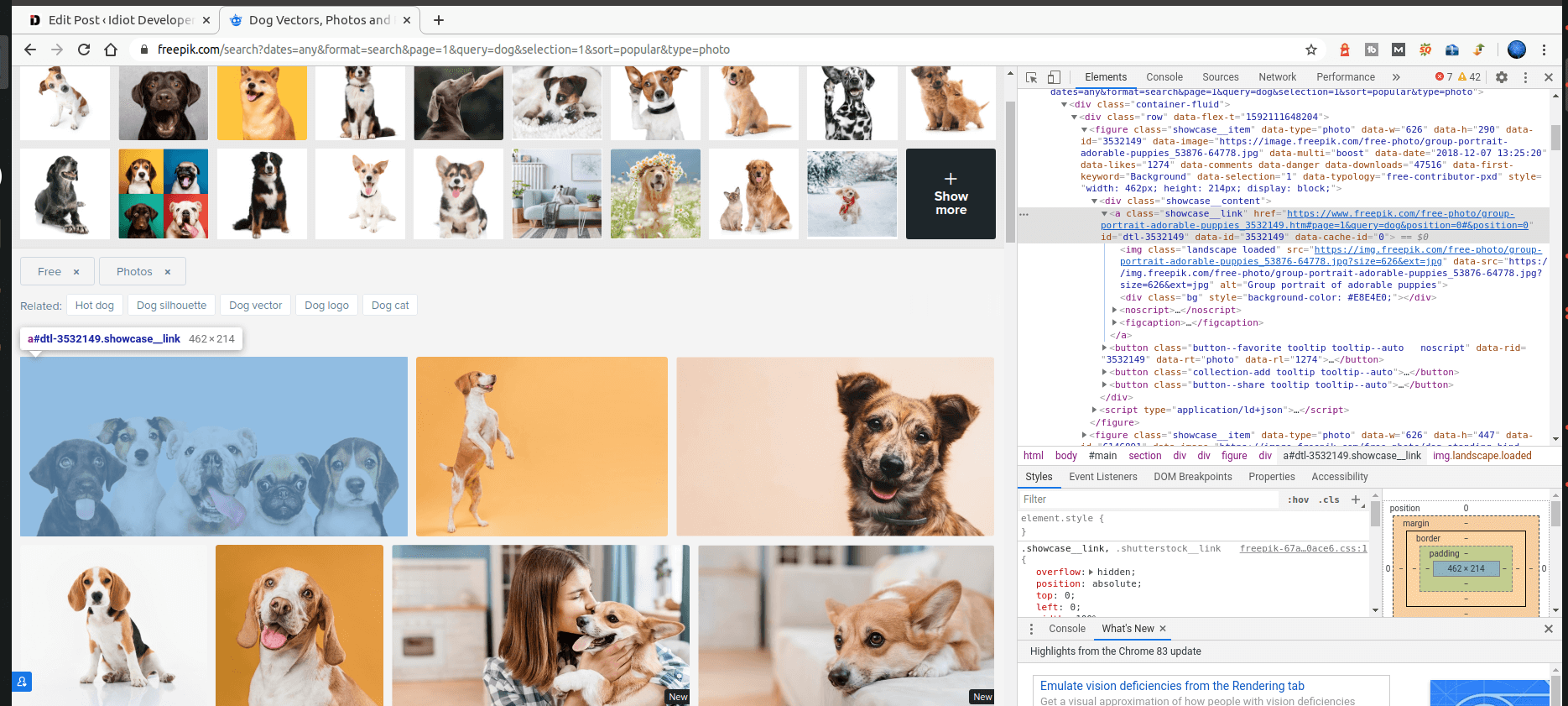 Inspecting element to find the proper tag and class name to extract the images