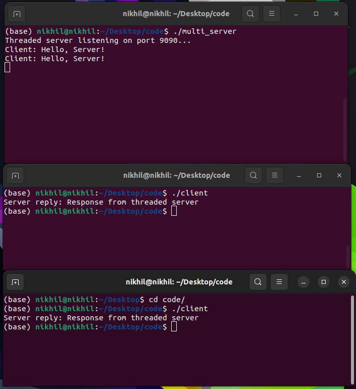 The terminal shows a multi-threaded server with two client terminals.