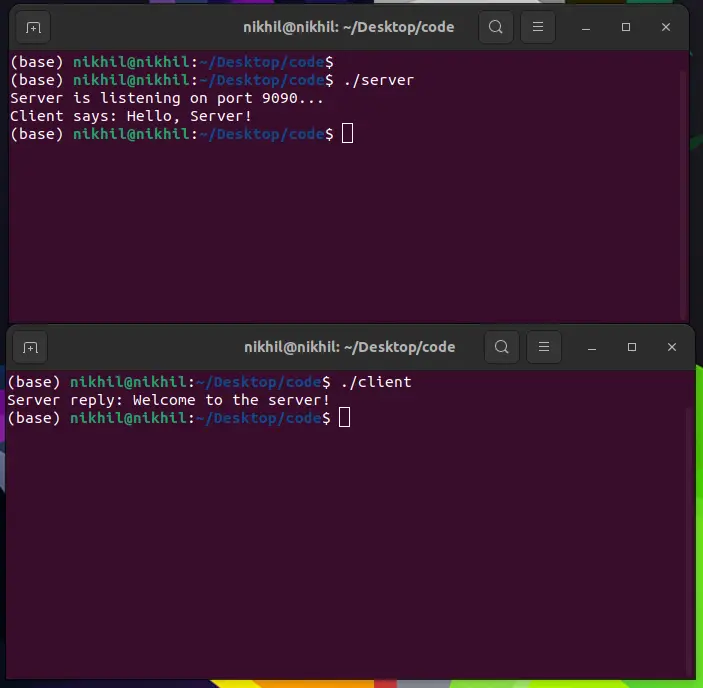 The terminals running both the client and server program